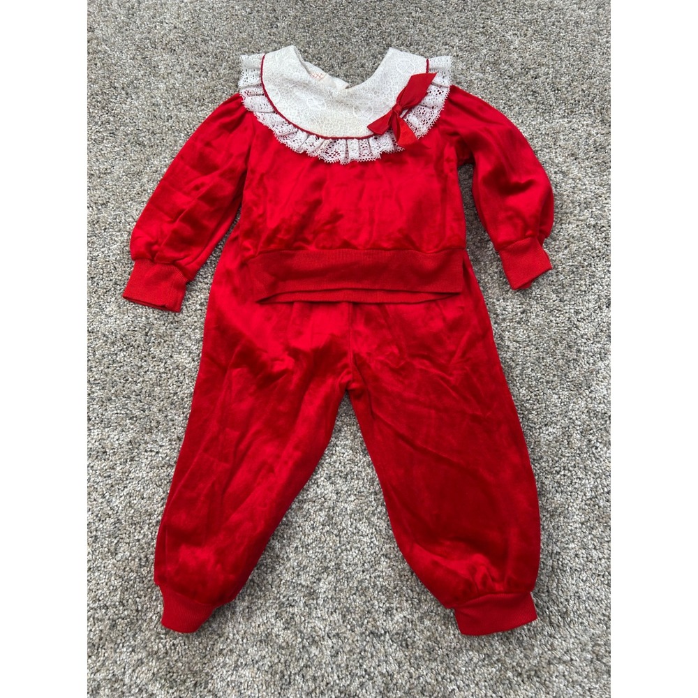 Vintage New York Kids Red Velour Lace Collar Outfit Set 24MO Holiday USA #0633